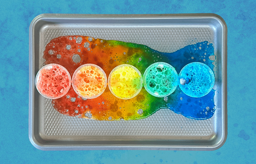 Fizzy Rainbow science experiment fizzing with colors