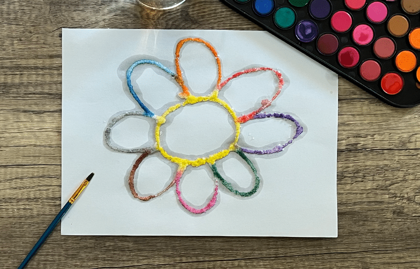 Rainbow flower salt painting craft activity for kids