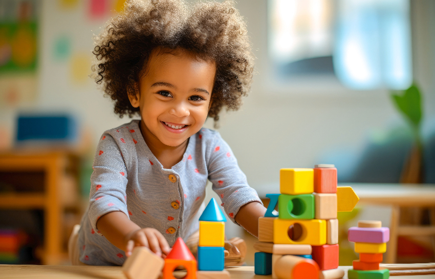 Preschooler building their fine motor skills by playing with blocks